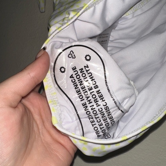 By Egreis yellow spotted off shoulder bikini top ruched bikini bottom L NWT - Picture 9 of 12